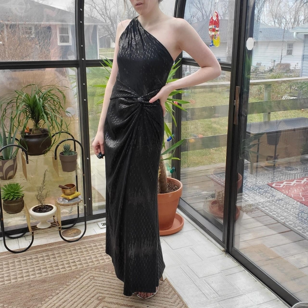 Sparkly glam holiday new years one shoulder maxi gown